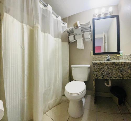 a bathroom with a toilet and a sink and a mirror at Budget Inn - St. Petersburg in St Petersburg