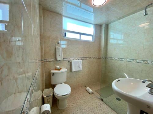 a bathroom with a toilet and a sink at Hotel Posada Maria Sofia in Cholula