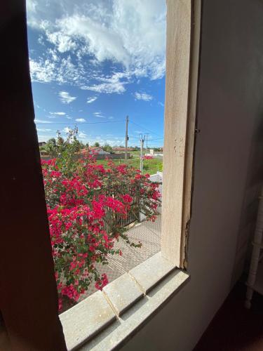 an open window with a view of a garden of flowers at Chalé do Coqueiro in Luis Correia