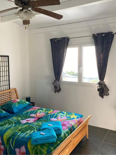 a bedroom with a bed with blue sheets and two windows at vacances au vert in Baillif