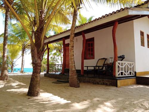 uma casa na praia com palmeiras em Ibisbird Beach Bungalow em Tangalle