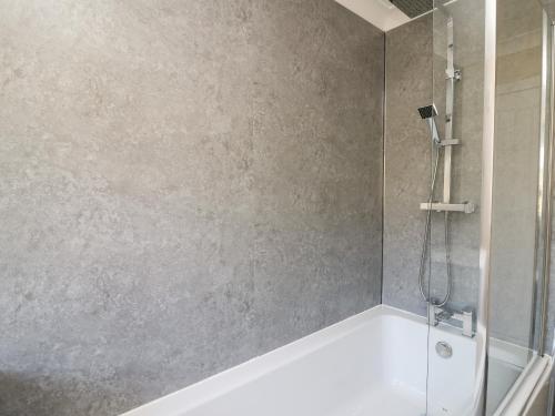 a bathroom with a shower with a white tub at Glyn Cottage in Llanon