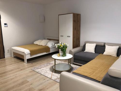 a living room with a couch and a bed at Apartament Rzeszów Centrum in Rzeszów