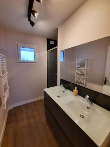 une salle de bain avec un lavabo blanc et un miroir dans l'établissement Chambre2 dans coloc de 75m2, à Troyes