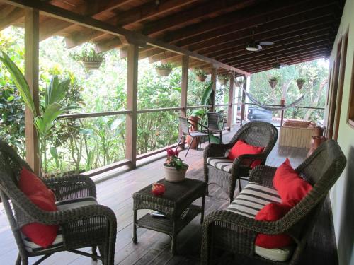 a screened porch with wicker chairs and red pillows at Hotel Iguanito in Santa Catalina