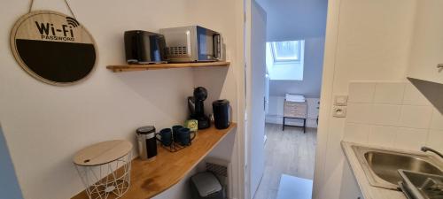 La salle de bains est pourvue d'un comptoir avec un évier et un four micro-ondes. dans l'établissement La Résidence K-méléon- Hyper centre , 23 couchages, au Mans