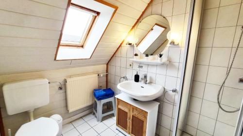 Gaestehaus-Zur-alten-Post-Wohnung-West في دورنوم: حمام صغير مع حوض ومرآة