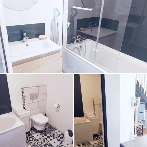 un collage de trois photos d'une salle de bains dans l'établissement 