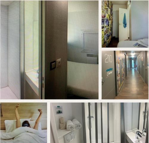 a collage of pictures of a woman laying in a bed at hotelF1 Saint Witz A1 Hôtel in Saint-Witz