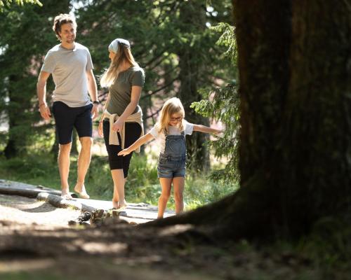 a family walking on a trail in the woods at Hotel Natura in Zreče