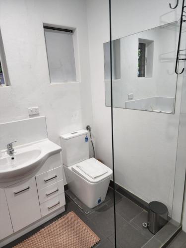 W łazience znajduje się toaleta, umywalka i prysznic. w obiekcie St Kilda Lovely Studio Apartment w Melbourne