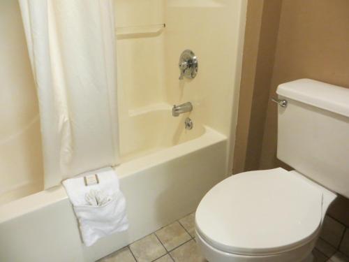 La salle de bains est pourvue d'une douche et de toilettes blanches. dans l'établissement Baymont by Wyndham Paducah, à Paducah