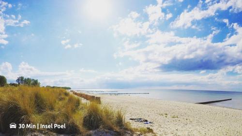 a view of a sandy beach with the ocean at Ferienhaus SeeWaldMeer am Pinnower See bei Schwerin in Pinnow