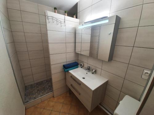 une salle de bain avec un lavabo et un miroir dans l'établissement La vue du château - tout confort, à Gréoux-les-Bains