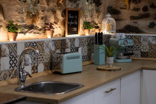 um balcão de cozinha com um lavatório e uma mesa de mistura em Salgueiral Guest House Douro em Peso da Régua