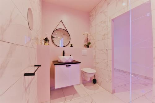 a bathroom with a sink and a toilet and a mirror at Jacuzzi Romantique 15 min Etretat 2 in Fécamp