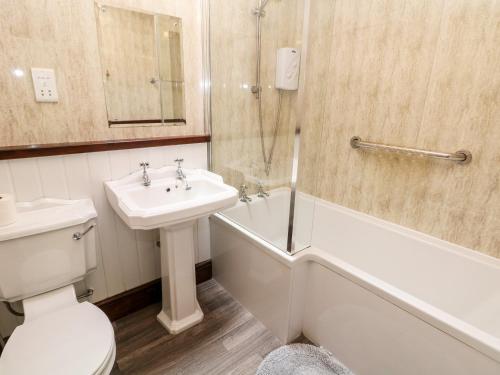 a bathroom with a sink and a toilet and a shower at Church Farm Cottage in Clifton