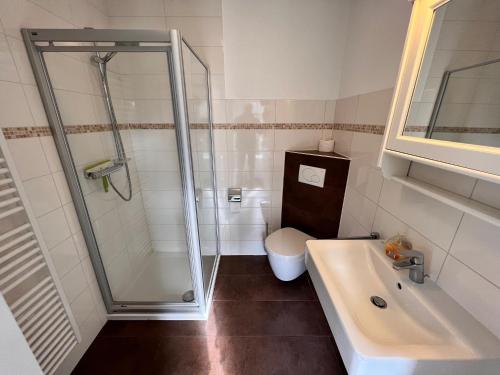 a bathroom with a shower and a sink and a toilet at Beach Life in De Cocksdorp