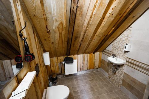 a bathroom with wooden walls and a toilet and a sink at Viesu nams Melnsils in Melnsils
