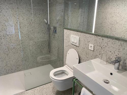 a bathroom with a shower and a toilet and a sink at Isabella Living in Maribor