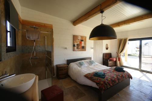 - une chambre avec un lit, une douche et un lavabo dans l'établissement Gîtes Equestres Lou Caloun - Les Saintes Maries de la Mer, à Saintes-Maries-de-la-Mer