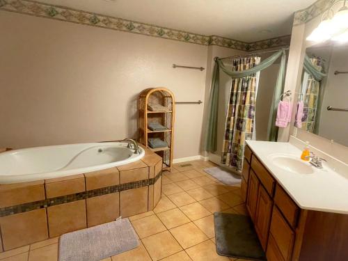 a bathroom with a tub and a sink and a mirror at Windrock Retreat in Oliver Springs