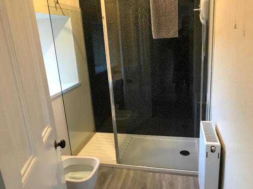 a bathroom with a shower and a toilet at Eilidh’s Guest House in Port Ellen