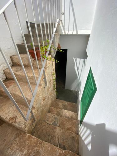 a stairway with a green door and some stairs at Nos Kasa Povoaçao Velha in Cabeçadas