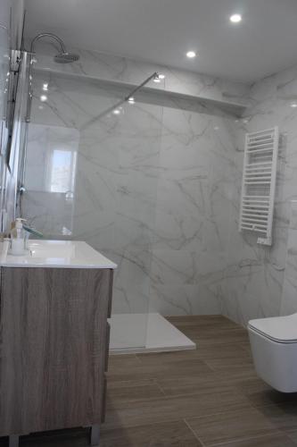 a bathroom with a sink and a shower and a toilet at Calpe Beachview in Calpe