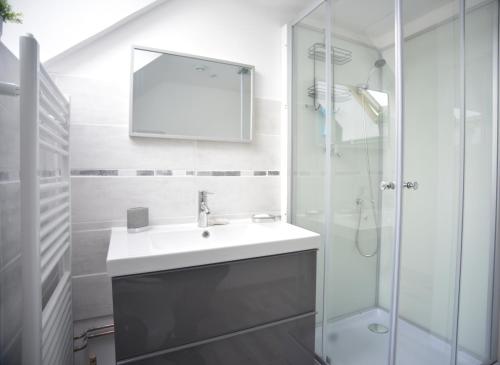a white bathroom with a sink and a shower at ZenViewStudios in Saint-Agil