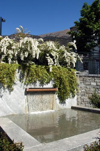 a wall with a door with white flowers on it at Hotel Olympic in Saint Vincent