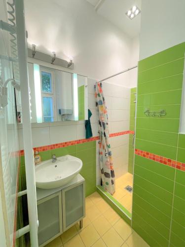 a green bathroom with a sink and a shower at Villa Bagolyvár in Balatonszemes