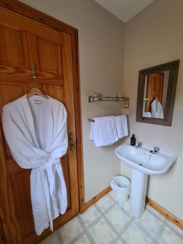 a bathroom with a sink and a towel at Creag-Ard Bed & Breakfast in Dundonnell
