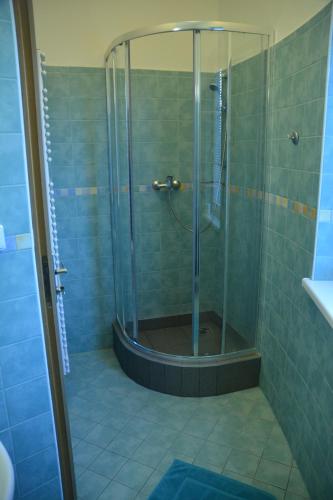 a shower with a glass door in a bathroom at Penzion ve věži in Bohumín