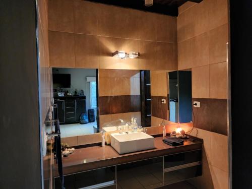 a bathroom with a sink and a large mirror at Casa quinta en Pocito con pileta quincho cancha de futbol in Pocito