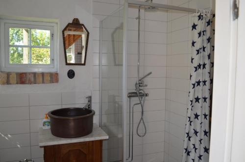 a bathroom with a shower with a sink at Hönshuset Kullabygden in Höganäs