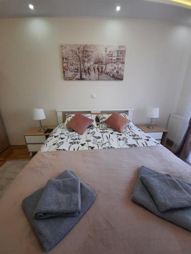 a bedroom with a bed with two towels on it at Apartman Ljiljana LUX Sombor in Sombor