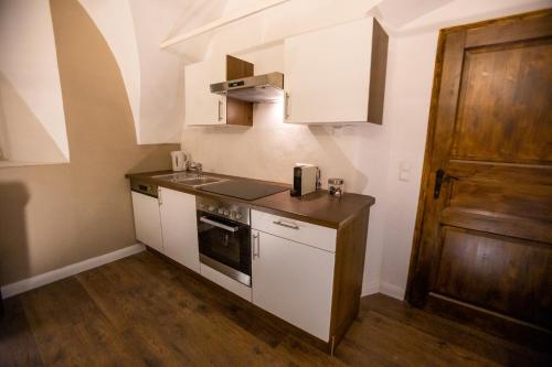 a small kitchen with a stove and a sink at Ferien- und Pferdegut Schloss Treffen in Görtschach