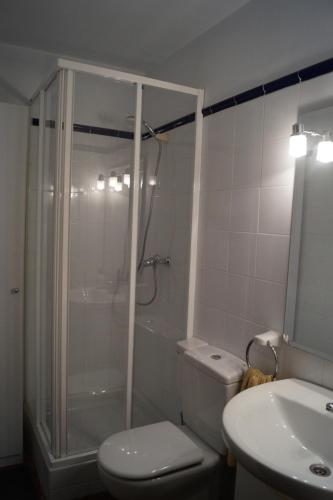 a bathroom with a shower and a toilet and a sink at Ático Marqués Figuera in Morella