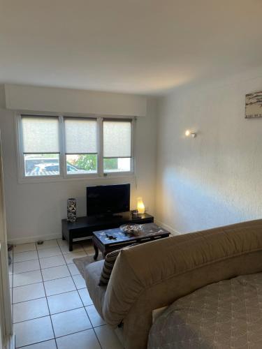 un salon avec un canapé et une table dans l'établissement Grand Studio 7 minutes de la Plage et Climatisé sur Juan Les Pins, à Antibes