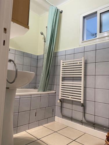 une salle de bain avec un lavabo et une douche dans l'établissement Grand Studio 7 minutes de la Plage et Climatisé sur Juan Les Pins, à Antibes