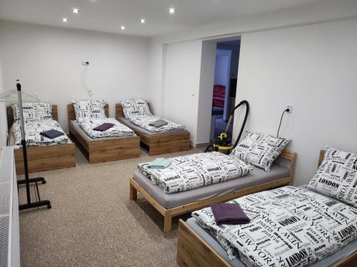 Habitación con 4 camas en una habitación en Apartmány HAVLÍČKOVA s parkováním zdarma, en Česká Lípa