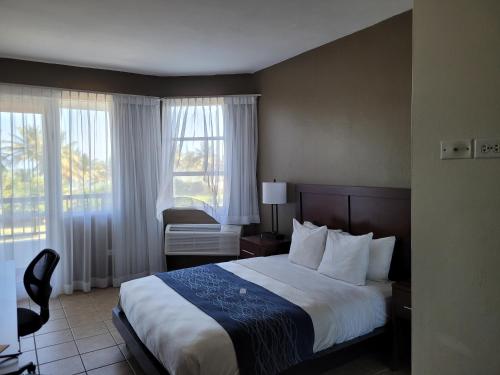 a hotel room with a bed and a window at Comfort Inn & Suites in Levittown