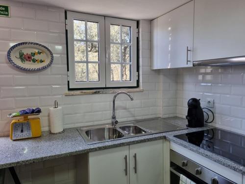 a kitchen counter with a sink and a window at Casa da Andorinha in Pardieiros