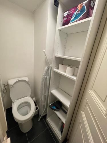 Elle comprend une petite salle de bains pourvue de toilettes et d'étagères. dans l'établissement LE BOULARD : appartement en plein coeur du centre de Reims, à Reims