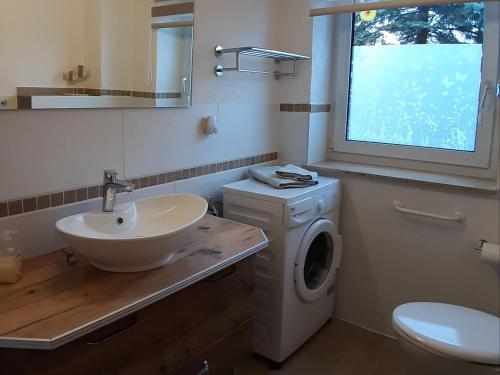 Un baño con lavadora y lavabo. en Sonnige Ferienwohnung am Wald Büdnerreihe, en Heiligenhagen