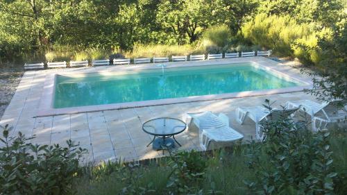 une piscine avec des chaises et une table dans l'établissement L'Aubépine, à Mollans-sur-Ouvèze