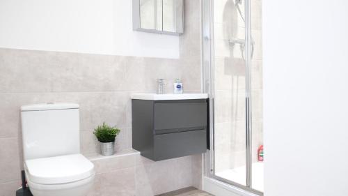 een badkamer met een toilet, een wastafel en een douche bij Leisure & Contractors - Stylish Town Centre Apartment with Free Parking in Bedford