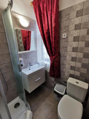 a bathroom with a toilet sink and a red shower curtain at Hegyi Panzió in Szilvásvárad