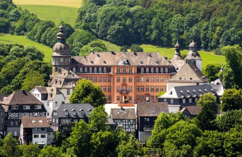 a large building in the middle of a group of houses at Ferienwohnung am Denkmal in Bad Berleburg